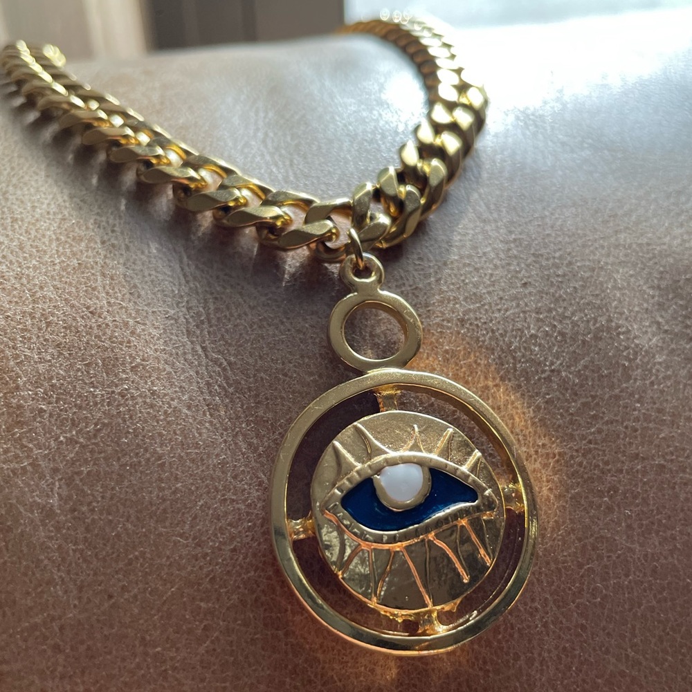 Evil eye 🧿 curb chain choker necklace adjustable gold blue pendant charm